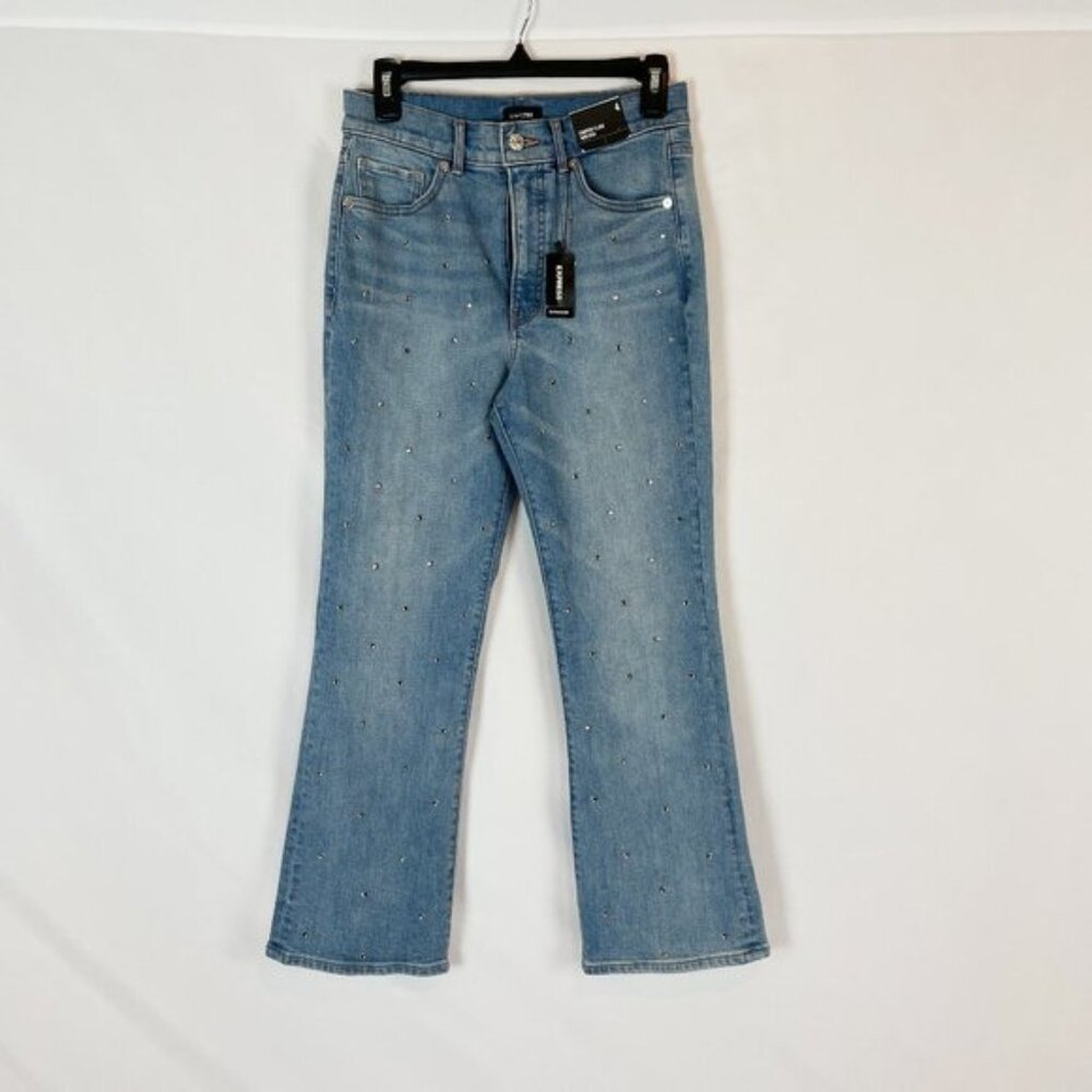 Express Jeans Blue Denim Cropped Flare High Rise Bling Rhinestone 4